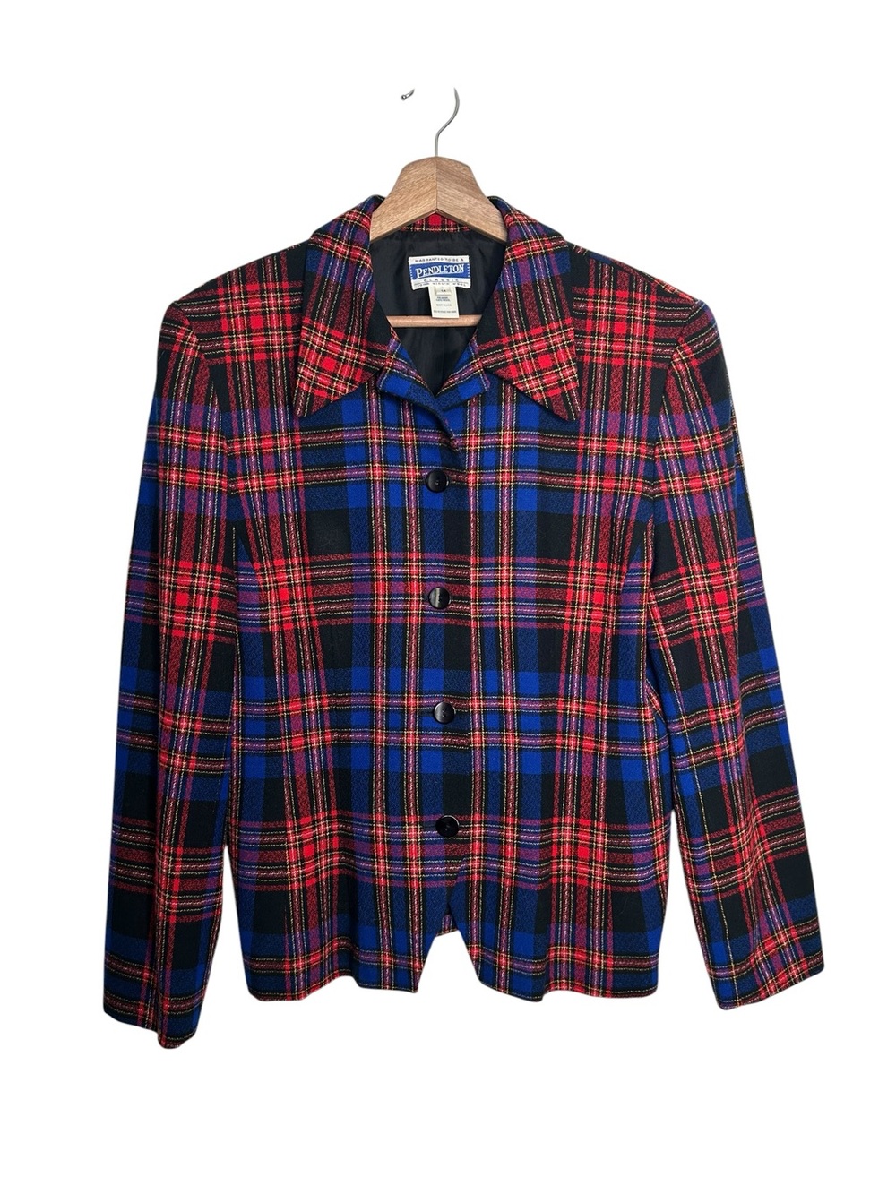 PENDLETON Vintage 100% Virgin Wool Red Blue Tartan Plaid Blazer Jacket Size 14 - Picture 6 of 9